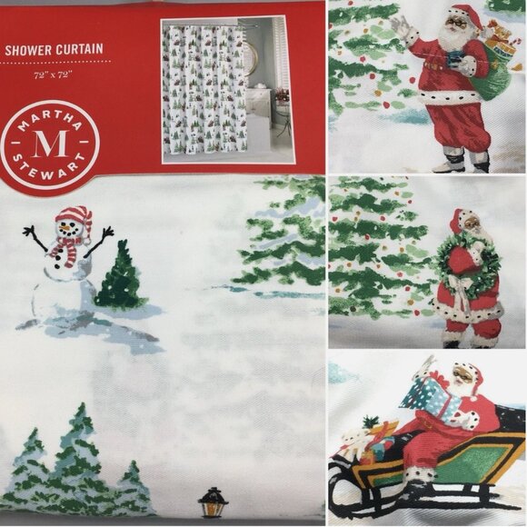 Martha Stewart Christmas Santa Claus Snowman Shower Curtain Sleigh Woods Holiday - Picture 1 of 8